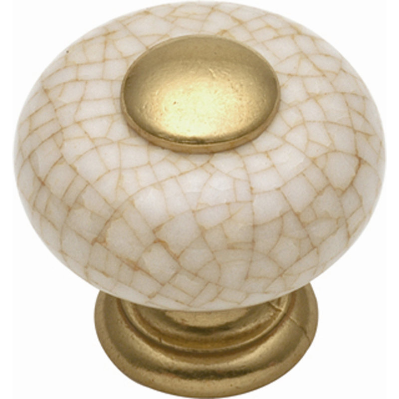 Vintage Crackle Ceramic and Brass Cabinet Knob