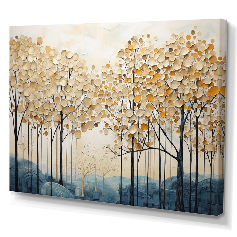 Minimalisme, arbres dorés et bleus scène IV - arbres, art mural, Toile tendue, H 30 po x l 40 po x P 1,5 po