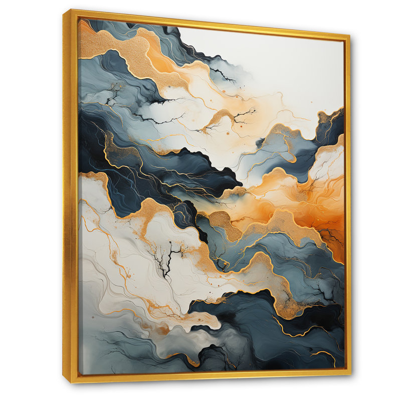 Abstrait orange et bleu, encre de rivière II - impressions d'art mural en marbre, H 40 po x l 30 po x P 1,5 po