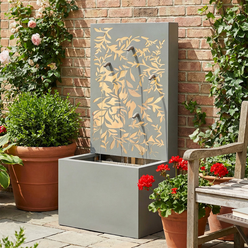 30.71"H Light Grey Metal Leaf Cutout Outdoor Water Wall Fountain with LED Lights