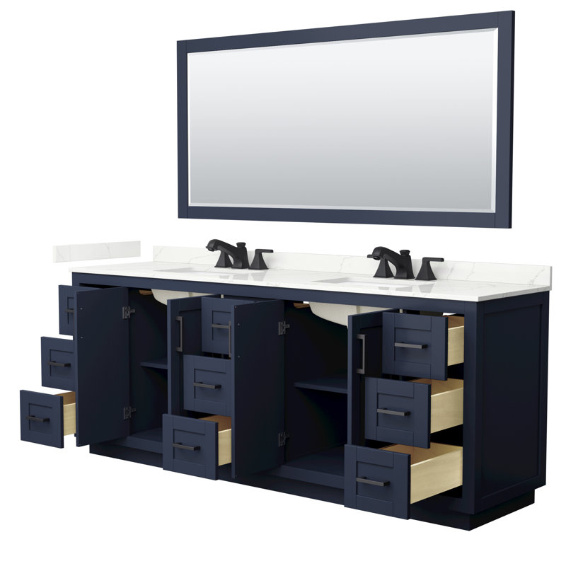 Ensemble de meuble-lavabo double autoportant 84 po avec plateau en quartz Miranda, Giotto Quartz, Bleu foncé, Noir mat