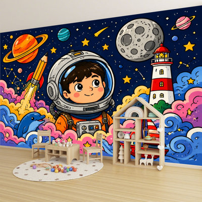 Papier peint adhésif autocollant, astronaute, enfant, espace, fantaisie, scène nautique, peintures murales colorées, H 69 po x l 96 po, papier peint amovible en PVC, adhésif mural pour chambre à coucher, bureau à domicile
