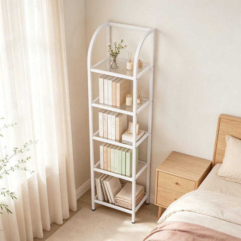 Bibliothèque arquée en verre trempé, unité de rangement mince avec structure en acier, tablette peu encombrante pour le salon, la chambre à coucher, le bureau personnel et la salle de bain