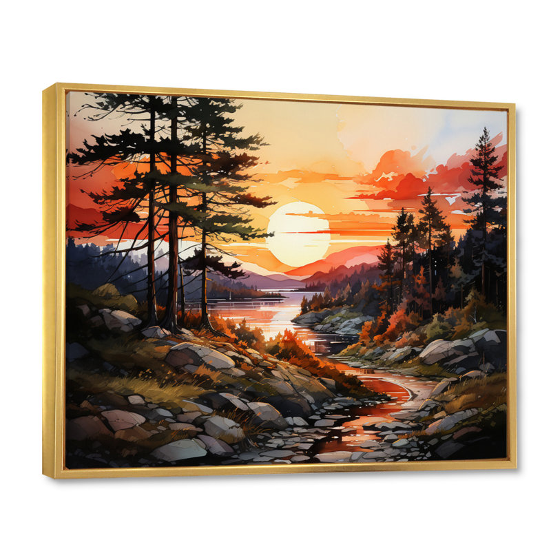 Pine Tree Golden Glow - reproduction sur toile, H 16 po x l 32 po x P 1 po, Cadre flottant doré