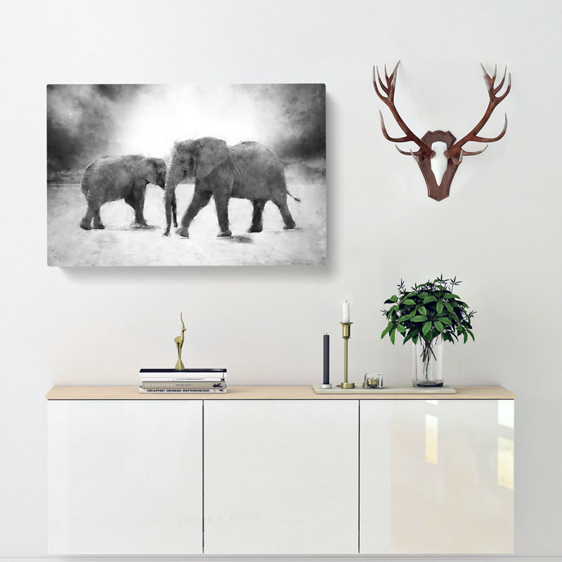Elephants Crossing Paths - Wrapped Canvas Painting, 35cm H x 50cm W x 3cm D