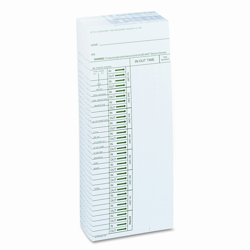 Time Card for Model Att310 Electronic Totalizing Time Recorder