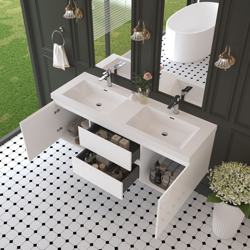 Meuble-lavabo flottant de 60 po avec lavabo double en résine et tiroirs à fermeture en douceur, solution de rangement murale moderne en blanc brillant