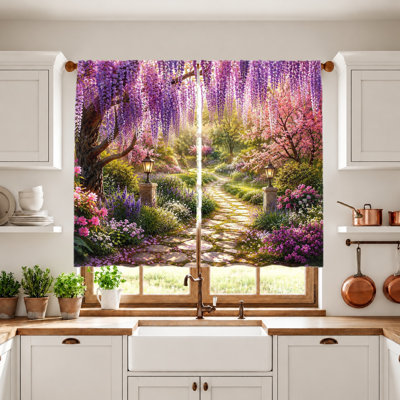 Rideaux de jardin floraux 2 pièces, tissu filtrant la lumière, impression de scène de sentier de glycine romantique, parasol et protection de la vie privée, conception à passe-tringle, pour le salon, la chambre à coucher, le balcon et la cuisine