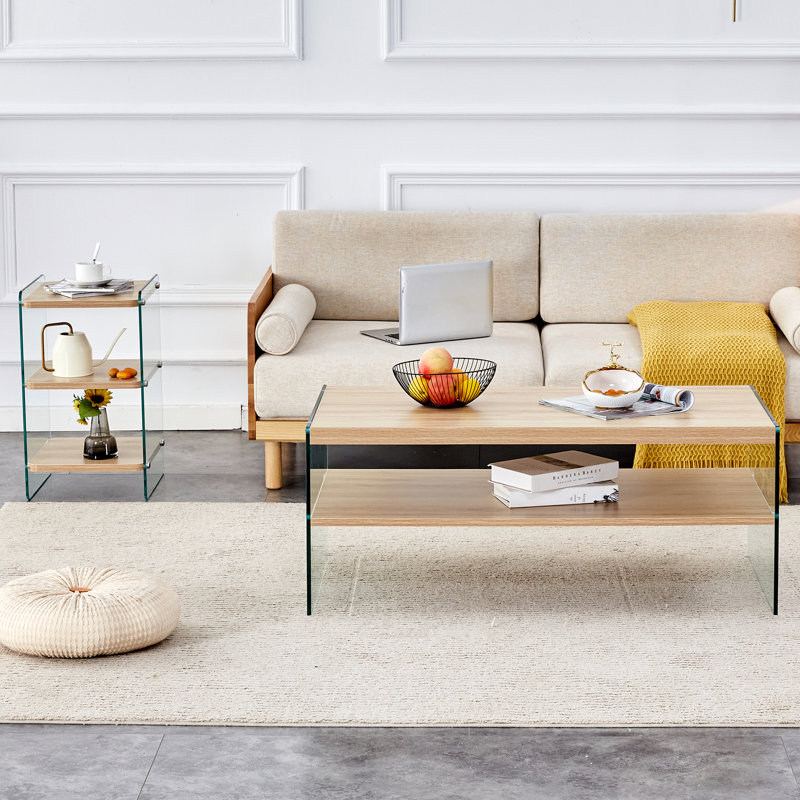 Three-tier side table and bunk coffee table set with mdf wood stickers, tempered glass, and ample storage space