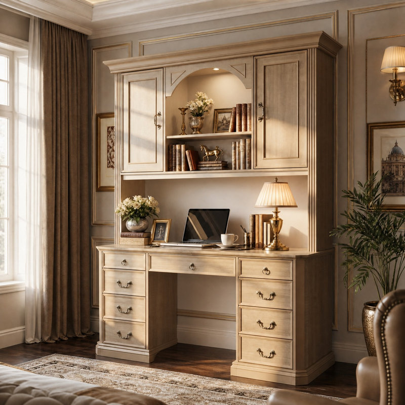 Bureau de 158 cm de large pour la maison avec bibliothèque intégrée, éclairage DEL tricolore et tablettes réglables, Beige