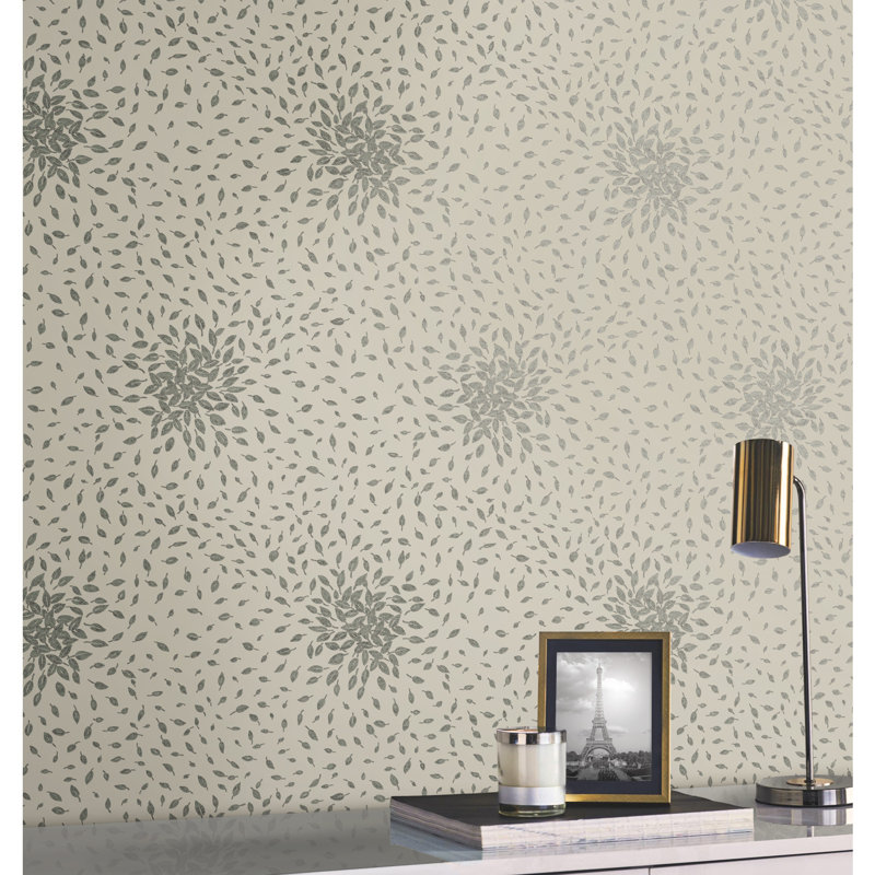 Petite Leaves Floral Metallic Wallpaper Roll, Beige/Silver