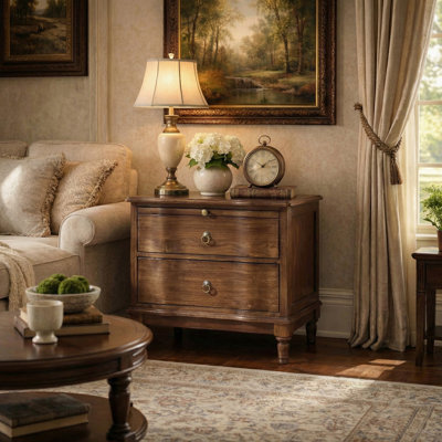 Elfine Traditional 26''W 2-Drawer Solid Wood End Table with Built-In Outlet and Curved Drawer Fronts