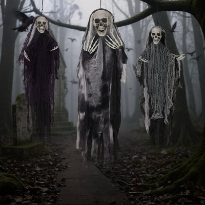 Ensemble de 3 décorations suspendues Grim Reaper, 4,6 pi et 3 pi de fantôme squelette avec des bras posables pour Halloween