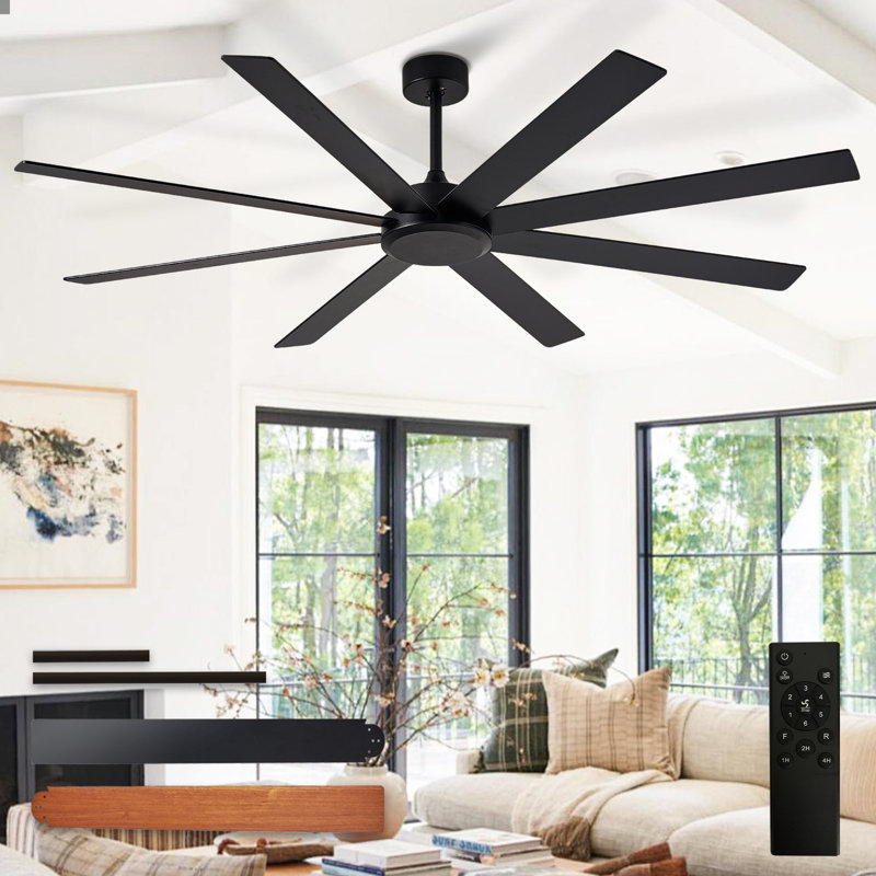 Ventilateur de plafond de 66 pouces avec télécommande, noir, pour intérieur et extérieur (terrasses, salon), 8 pales, variateur, minuterie, réversible, moteur CC silencieux, 6 vitesses