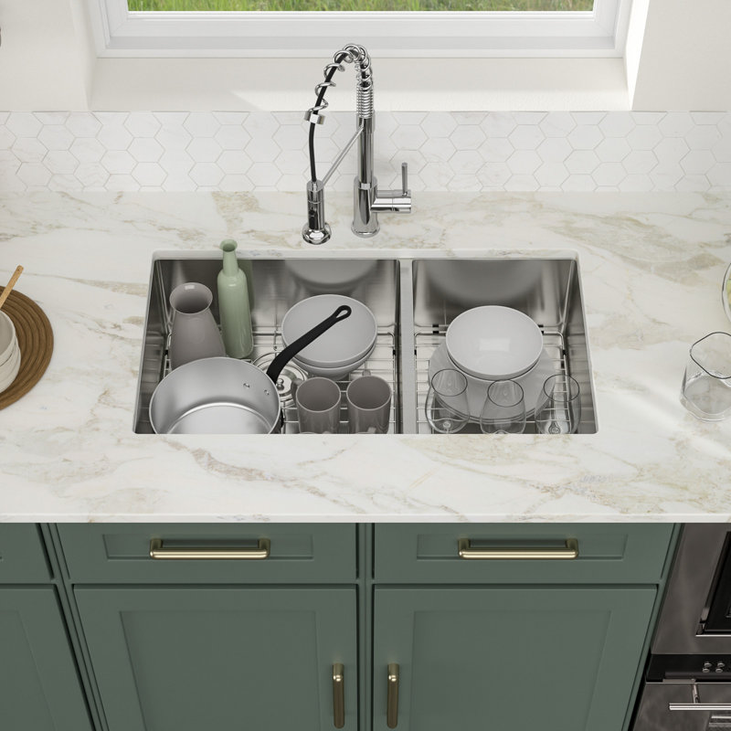 33" L x 19" W Undermount Double Bowl 50/50 Kitchen Sink 16 Gauge Stainless Steel Double Bowl Sink