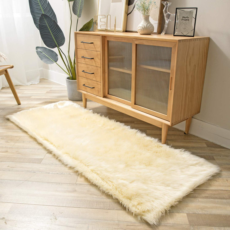Haja Yellow Fluffy Faux Sheepskin Fur Shag Area Rug, Runner 2' x 5'