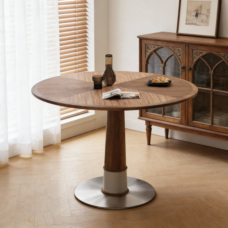  Retro Round Dining Table for Small Spaces, 120cm Wooden Kitchen Table with Metal Base, Fits 4-6 People, Vintage Brown