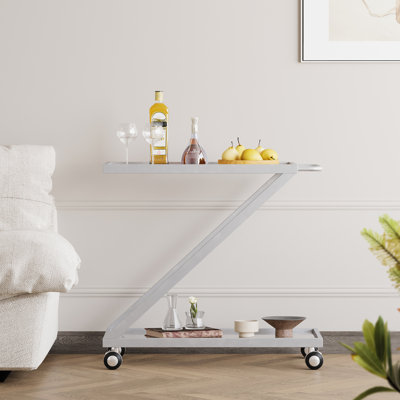 Chariot-bar tendance en métal et en verre, roues verrouillables, 34,56 po, chariot étagé argenté trempé avec fabrication robuste, 18,97 po