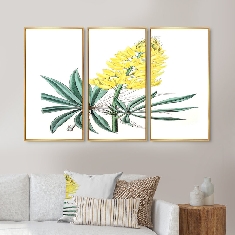 «Vintage Yellow Flower I», peinture sur toile 3 pièces, H 28 po x l 36 po x P 1 po, Or