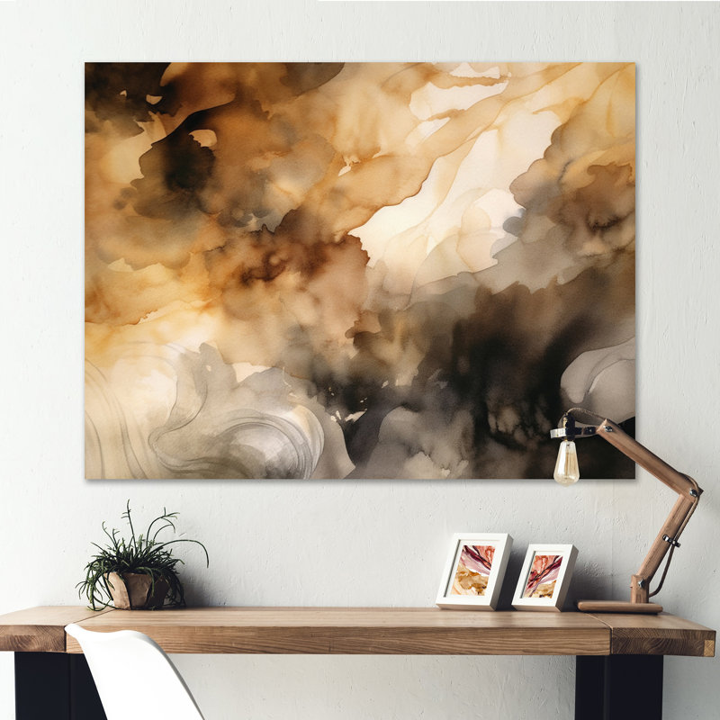 Brun et crème - Fluidité abstraite - art mural abstrait, H 12 po x l 20 po x P 1 po, Toile tendue