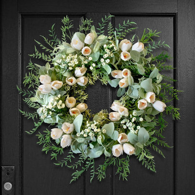 Couronne de tulipe blanche pour porte d'entrée avec oreille d'agneau, couronne de porte de Pâques au printemps et en été avec tulipes, couronne de fleurs artificielles pour mur de maison de campagne moderne, mariage et décoration intérieure à l'année