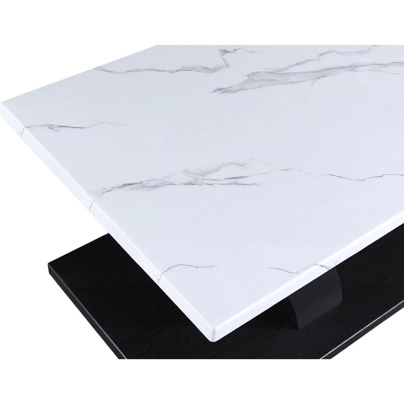 Zen 3Pc Coffee And End Table Set, White Faux Marble, Black Legs