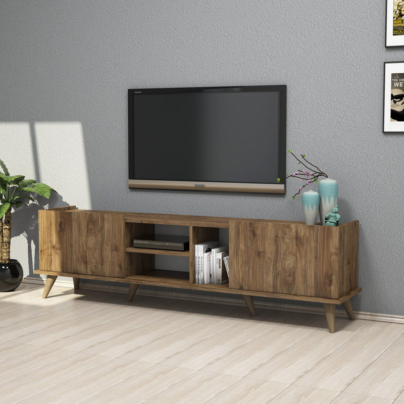 Meuble télé moderne avec pieds en plastique 70,9 po x 20,5 po x 13,4 po | 100% panneau de particules enduit de mélamine, épaisseur: 0,7 pouce | Plusieurs tablettes, fixation murale, design scandinave, élégant et fonctionnel