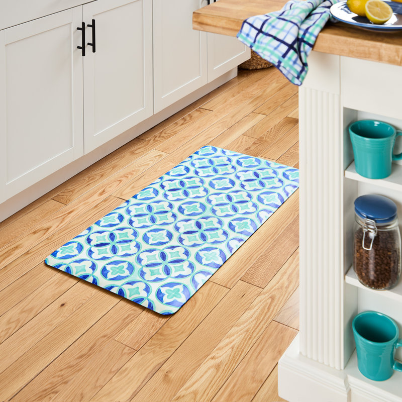 FIESTA Mali Tiles Geo Trellis Anti-Fatigue Comfort Non-Slip Kitchen Runner Mat, Blue/Aqua/White