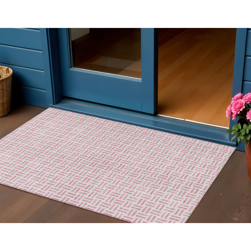 3' X 5' Pink And Ivory Geometric Washable Indoor Outdoor Area Rug