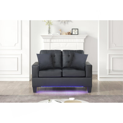 Genesis 55.5"W Black PVC Fabric Loveseat With LED Lights, USB Charger, Tufted Cushions