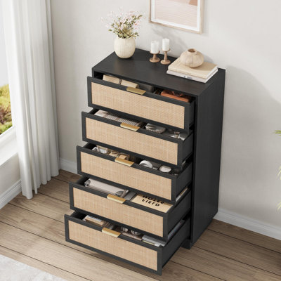 Commode à 5 tiroirs en rotin avec pieds intégrés, commode en bois pour chambre à coucher, couloir, vestibule ou garde-robe