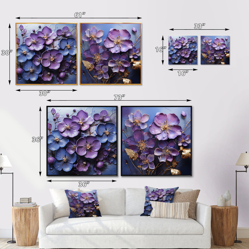 Royal Elegance - Ensemble de 2 collages carrés violets, H 16 po x l 33 po, Cadre blanc