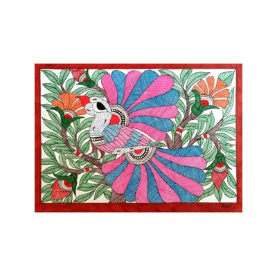 Oiseau sur des branches, marqueurs de l'alcool et fineliners, peinture sur papier par Ruchi - art mural Madhubani Folk Nature