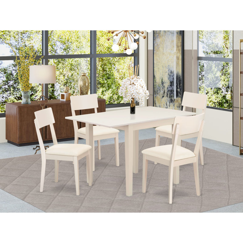 5 Piece Dining Room Table Set Includes a Rectangle Dining Table with Dropleaf and 4 Faux Leather Chairs, Linen White
