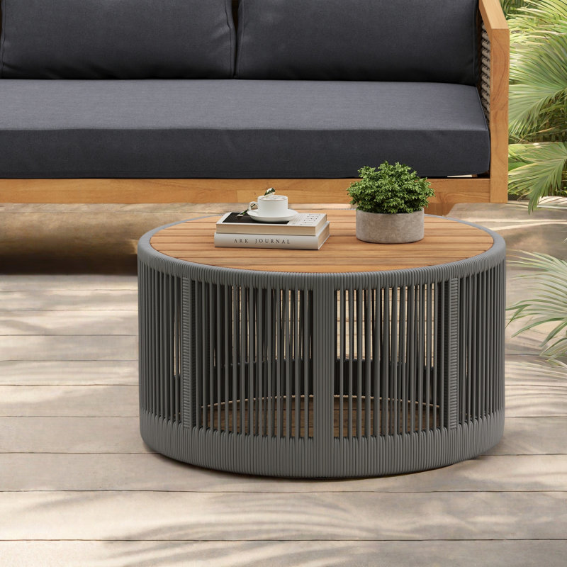 Outdoor Rattan Rope & Acacia Wood Coffee Table - Patio Balcony Furniture For Garden, Yard, Balcony - Weather Resistant, Gray
