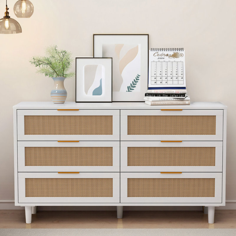 51.18"6-Drawers Rattan Storage Cabinet Rattan Drawer,For Bedroom,Living Room, White