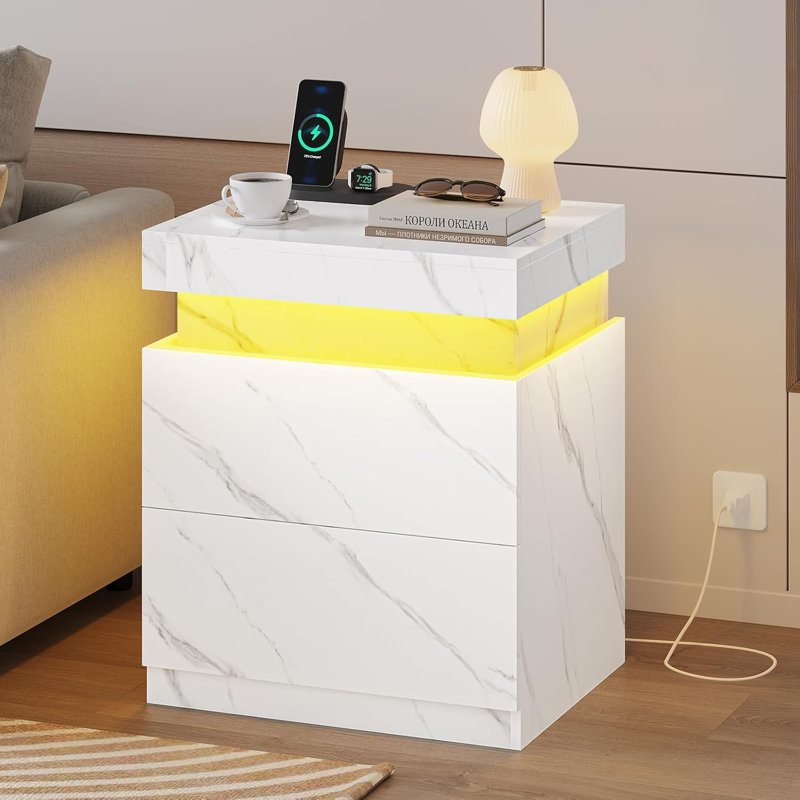 Modern Nightstand With 2 Storage Drawers,Sliding Top,Led Night Stand For Bedroom,End Table With Charging Station And Led Lights