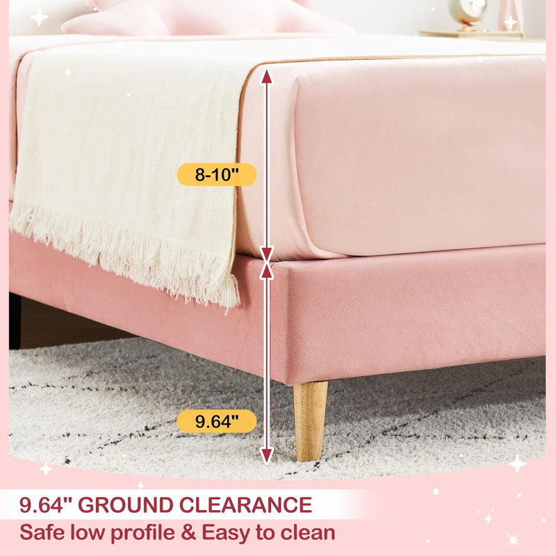 Twin Size Upholstered Platform Bed Frame Fo Children, Velvet Upholstered Platform Bed Frame With Headboard, With Headboard, Noise-Free