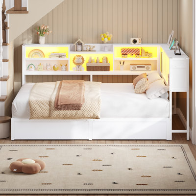 Daybed With 2 Underneath Storage Drawers And Charging Station, L-shape Corner Bed Frame With Storage Bookcase And Led Lights For Living Room, Bedroom & Guest Room
