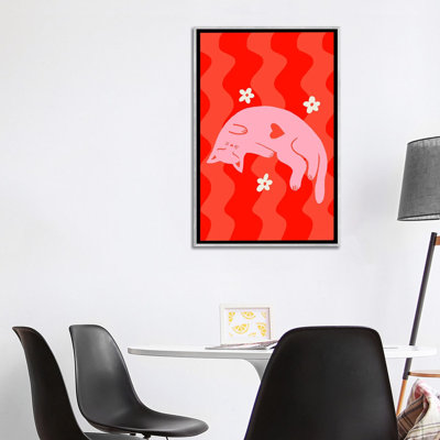 «Pink Sleepy Cat» sur fond ondulé - reproduction d'art murale - toile encadrée
