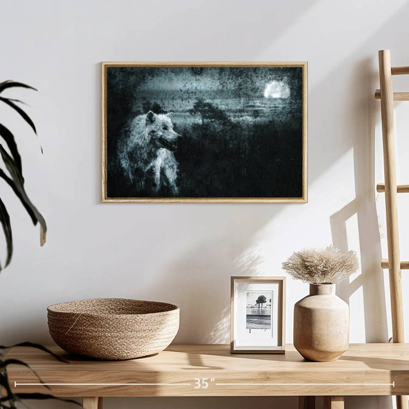 Loup solitaire blanc, Cadre flottant en bois naturel, 19 po x 13 po
