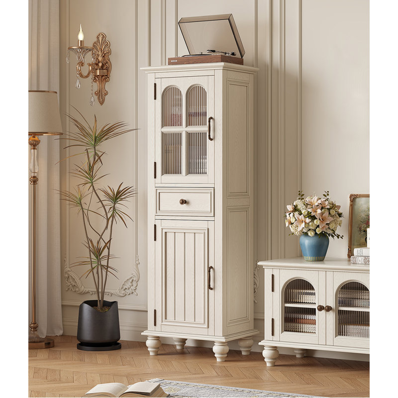 Armoire étroite de style français, porte et tiroir en verre, bois de frêne