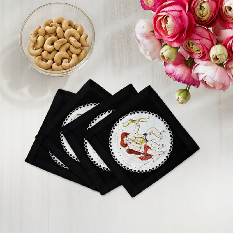 Serviettes de table en satin de coton Zodiac Gemini, Noir