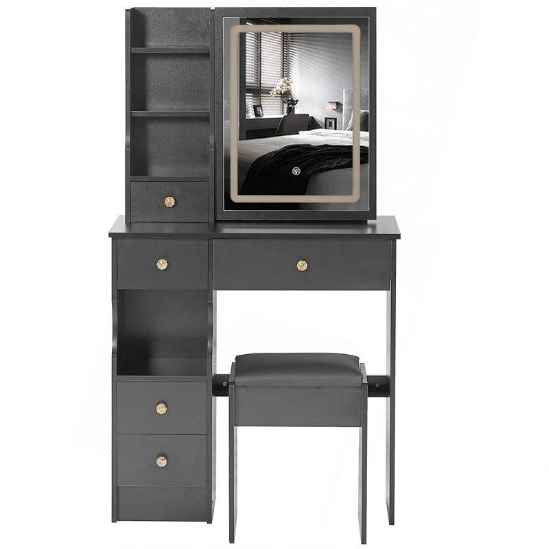 29.2" Small Size Left Drawer Desktop Vanity Table + Cushioned Stool,2 AC+2 USB Power Station,Hair Dryer Bracket,Extra Large Touch Control Sliding LED Mirror,Tri-Color Switching,Brightness Adjust