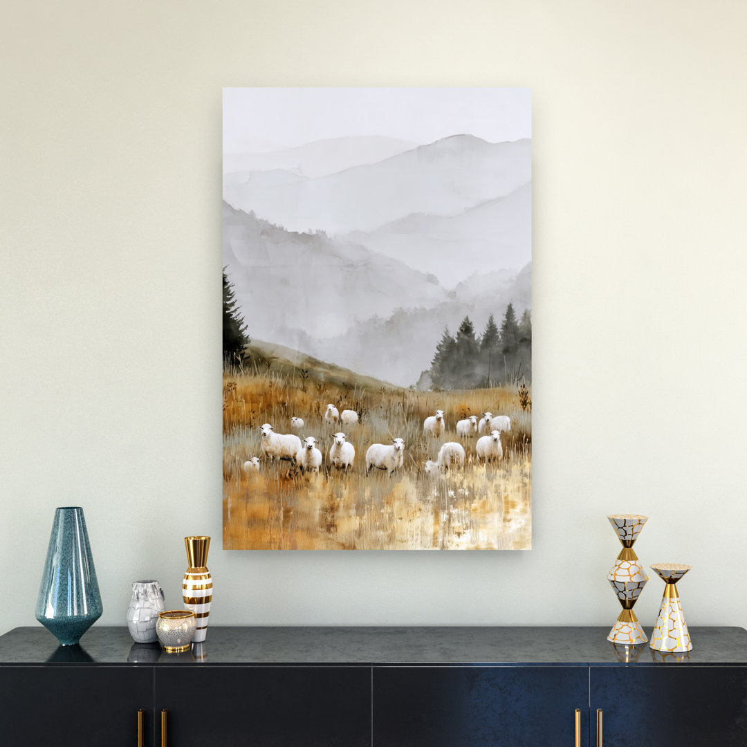 Misty Mountain Sheep Peaceful Serene Tranquil Forest Landscape Wall Art Print