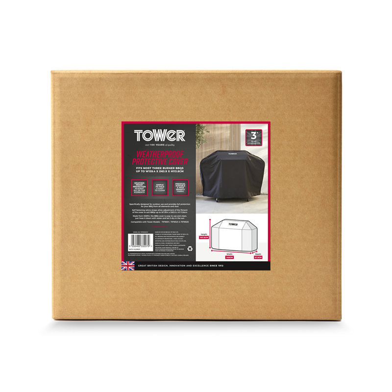 Tower Large BBQ Cover - Heavy-Duty Waterproof & Windproof Outdoor Gas Grill Cover, Compatible with Weber, Char-Broil & Outback; UV Resistant, Black (H124 x W140 x D47cm)