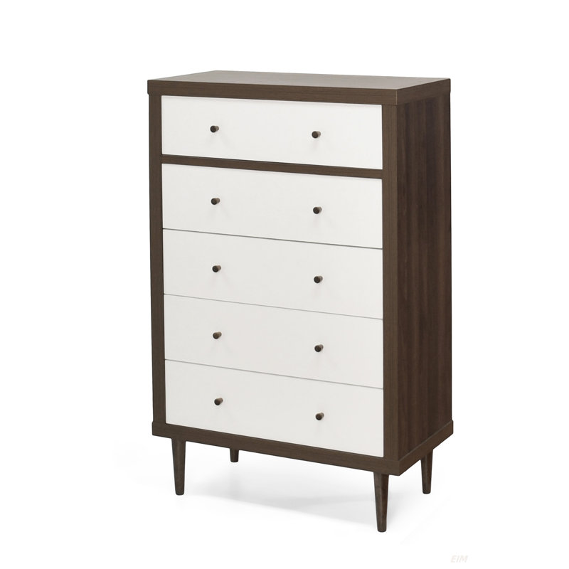 Commode 5 tiroirs NORDIC, commode haute 5 tiroirs pour chambre à coucher (commode), Noyer/blanc