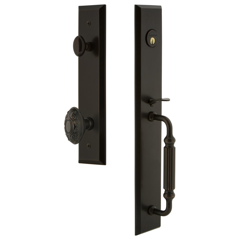 Fifth Avenue Handleset with Single Cylinder Deadbolt and Grande Victorian Door Knob and Rosette, Timeless Bronze, 2.75"