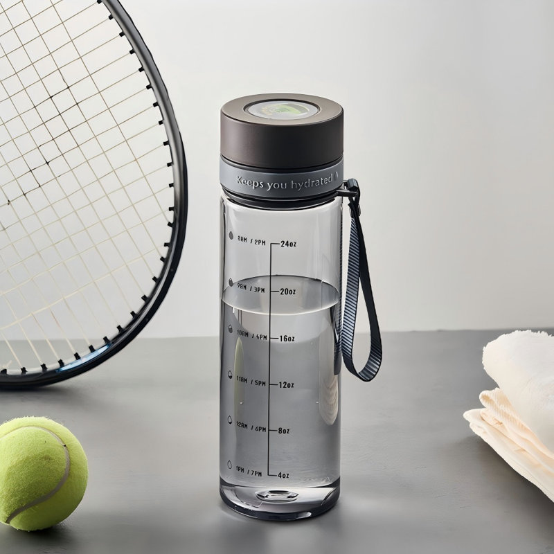 Bouteille d'eau transparente 28 oz avec marqueur de temps, bouteilles d'eau en plastique avec sangle, bouteilles d'eau de gymnastique pour hommes