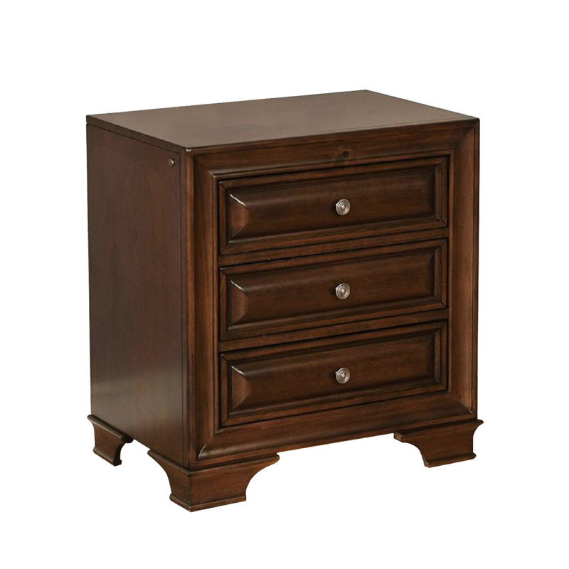Table de chevet 3 tiroirs, finition cerisier brun, et puissance, incrustation de bois, veilleuse, anglais, tiroirs de chambre à coucher, ports intégrés,